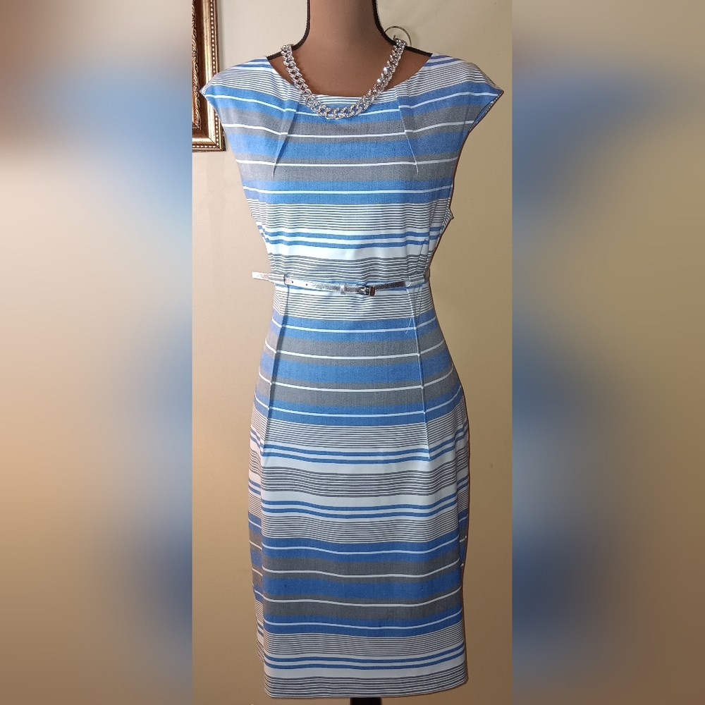 2/$35 Calvin Klein Blue, Ivory, & Grey Stripe Dress w/Silver Belt, Size 12